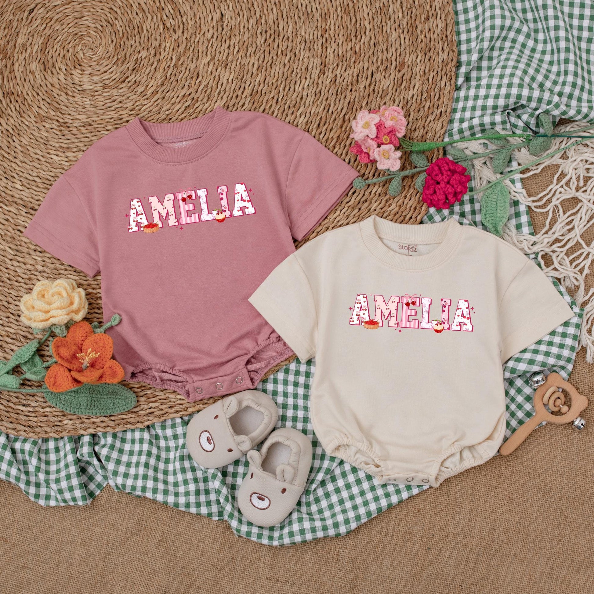 Personalized Cherry Baby Girl Romper Sweet Cherry & Bow Outfit Short Sleeve Birthday Girl Gift