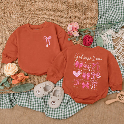God Says I Am Pink Bow Romper Christian Baby Girl Bodysuit Outfit Soft Newborn Shower Gift Cute Religious Going Home Bubble Style