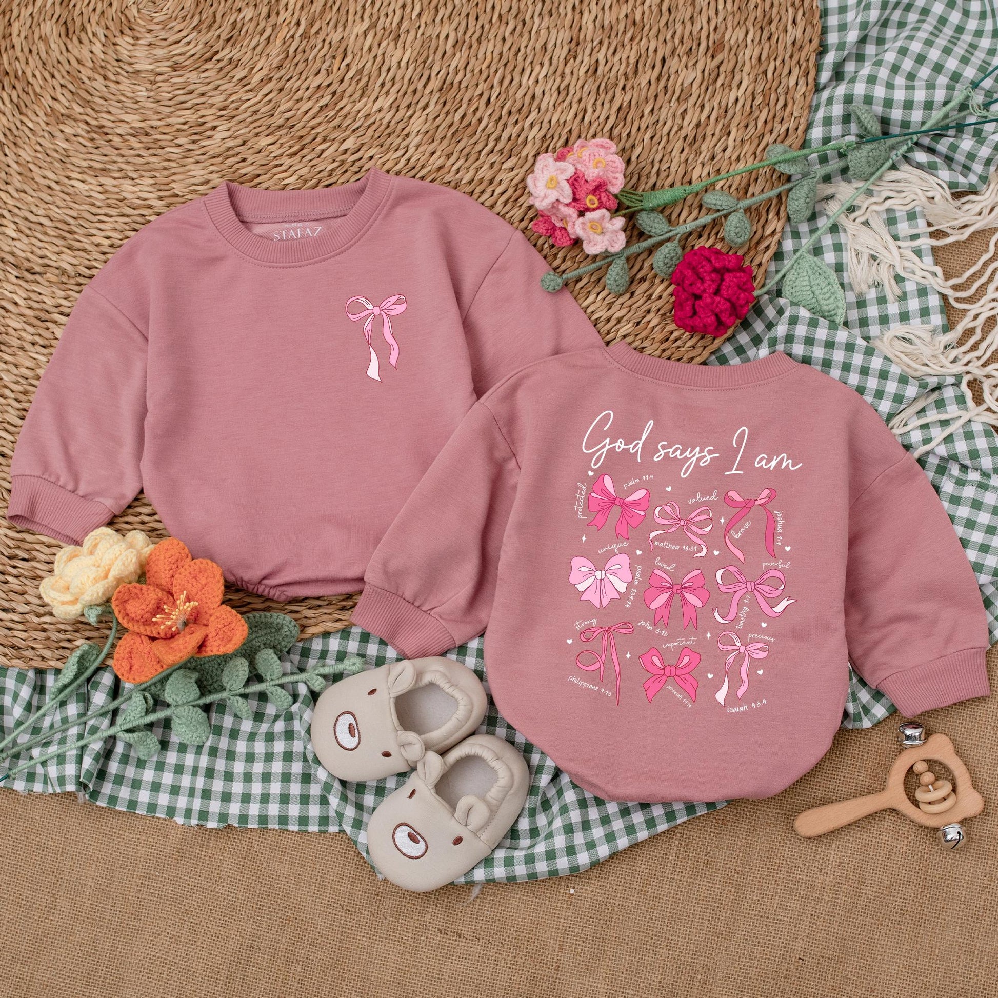 God Says I Am Pink Bow Romper Christian Baby Girl Bodysuit Outfit Soft Newborn Shower Gift Cute Religious Going Home Bubble Style