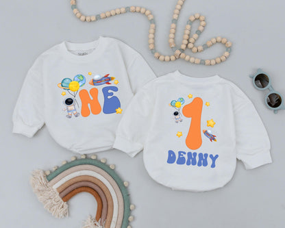 Personalized Astronaut First Birthday Romper Baby Boy Space One Trip Around The Sun Outfit Toddler