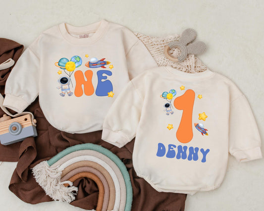 Personalized Astronaut First Birthday Romper Baby Boy Space One Trip Around The Sun Outfit Toddler