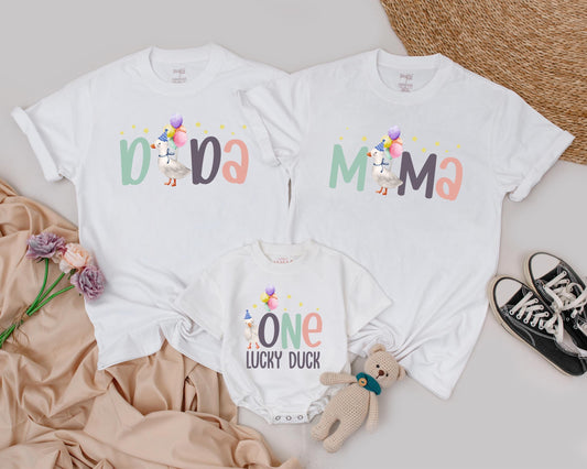 One Lucky Duck First Birthday Matching Family Shirts Pastel Duck Birthday Outfit Teal Peach Gray Baby Girl Party Tee Playful 1st Birthday Apparel