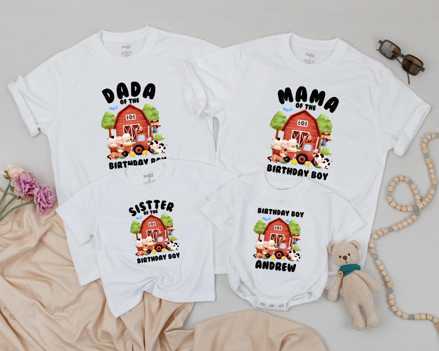 Personalized Farm Birthday Shirt Matching Family Barnyard Fun Cow Chick Pig Horse T-Shirt Cute Farm Theme Party Outfit