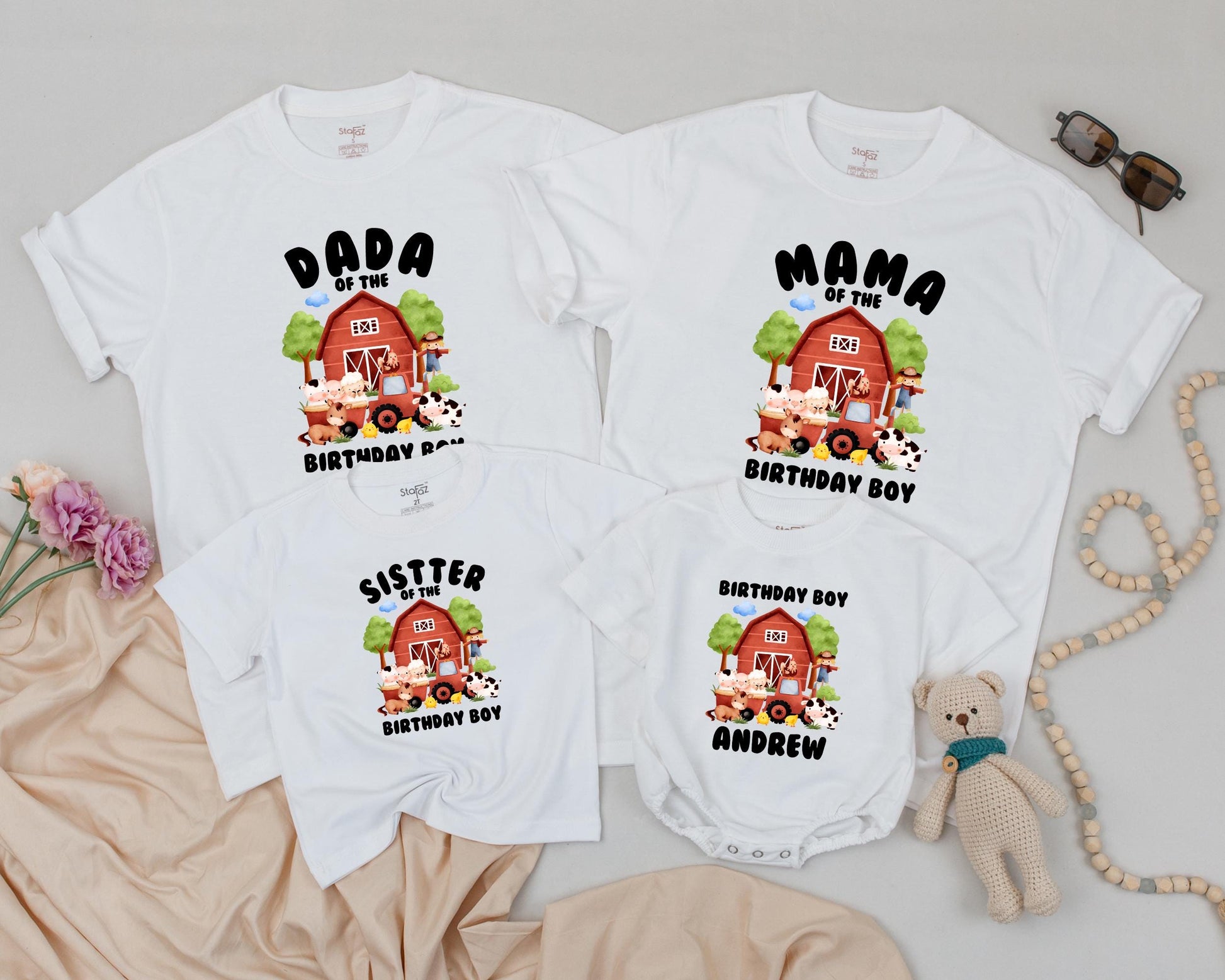 Personalized Farm Birthday Shirt Matching Family Barnyard Fun Cow Chick Pig Horse T-Shirt Cute Farm Theme Party Outfit