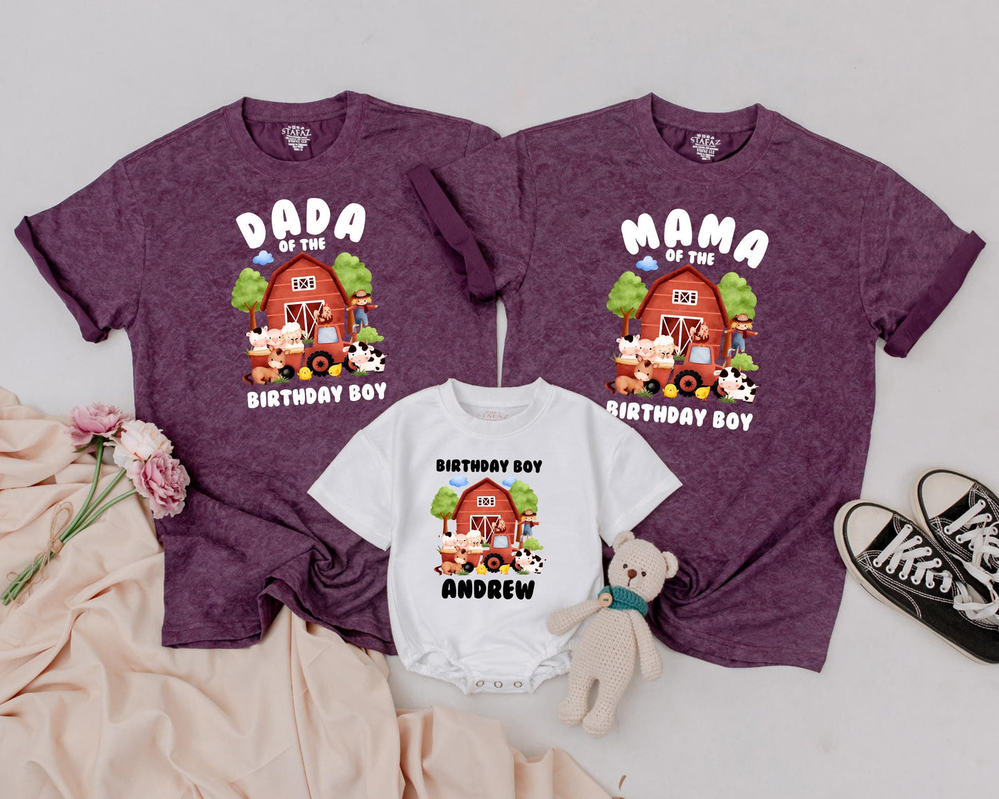 Personalized Farm Birthday Shirt Matching Family Barnyard Fun Cow Chick Pig Horse T-Shirt Cute Farm Theme Party Outfit