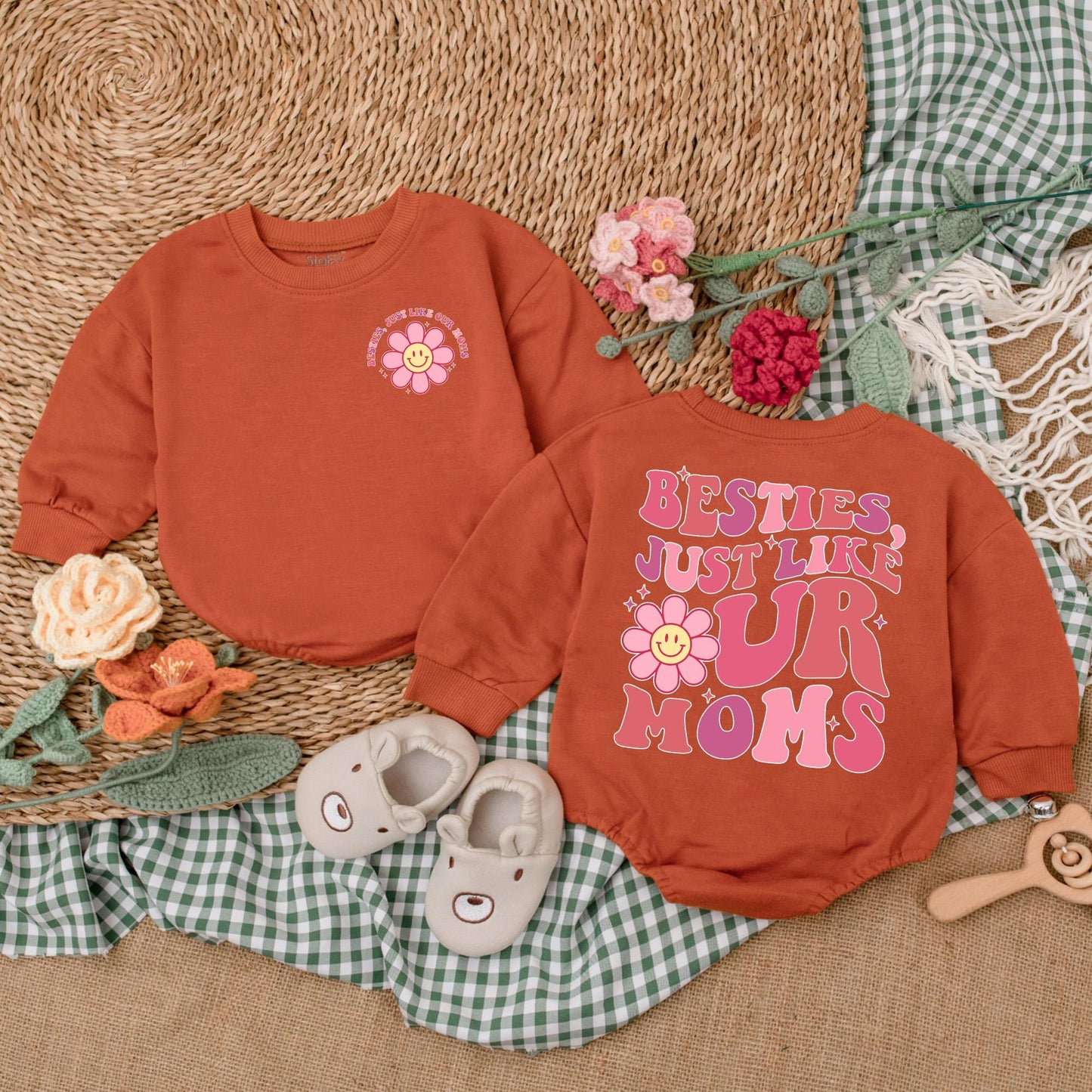 Besties Just Like Our Moms Retro Baby Romper Cute Pink Wavy Font Flower Smiley Face Starbursts Playful Friendship Outfit Baby Girl Gift Shower Present