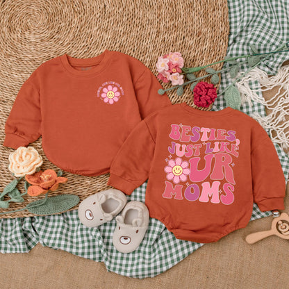Besties Just Like Our Moms Retro Baby Romper Cute Pink Wavy Font Flower Smiley Face Starbursts Playful Friendship Outfit Baby Girl Gift Shower Present