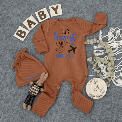 Our Newest Carry-On Tee & Custom Baby Bodysuit and Hat Set, Airplane Heart Design, June 2025 Newborn Outfit, Baby Name Gift