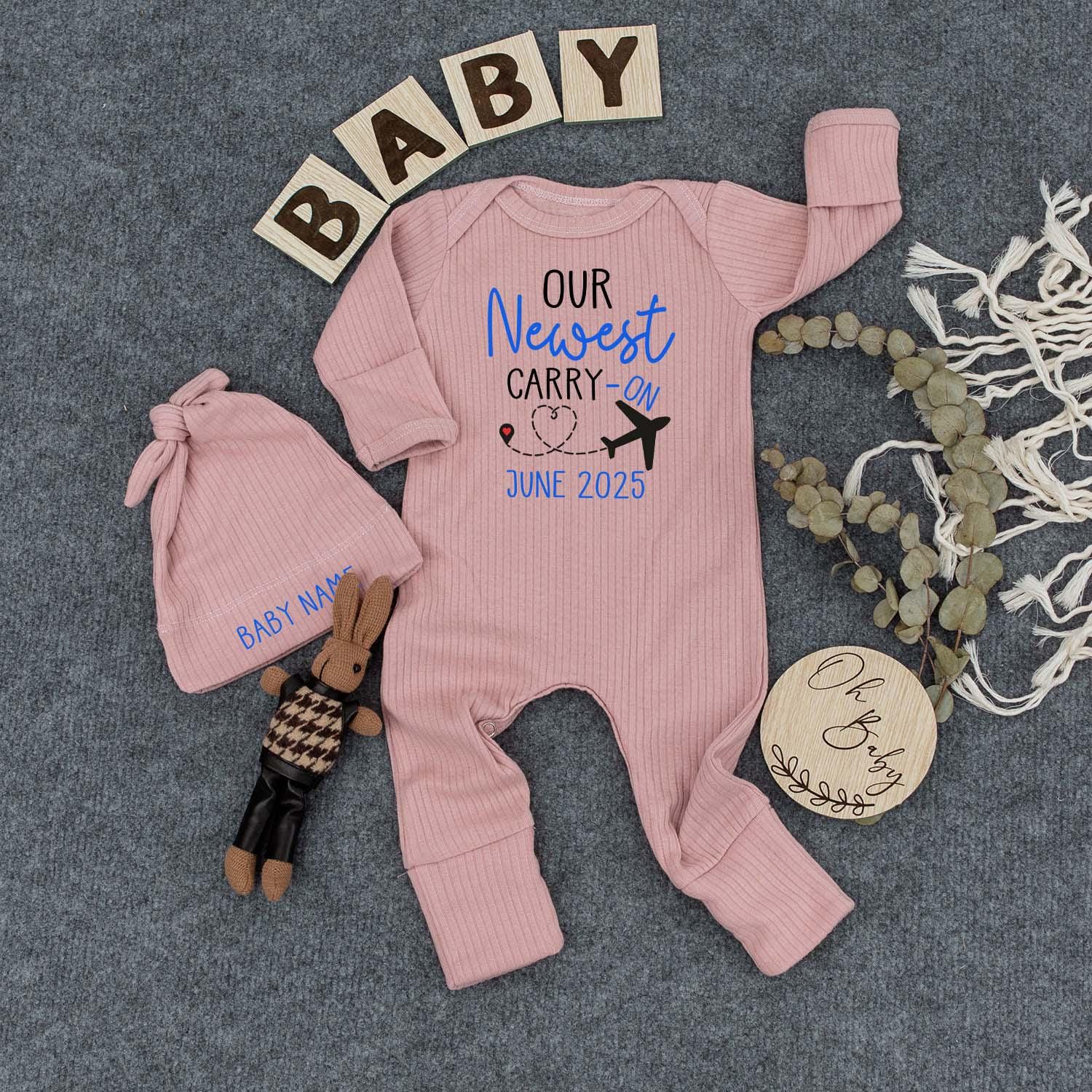 Our Newest Carry-On Tee & Custom Baby Bodysuit and Hat Set, Airplane Heart Design, June 2025 Newborn Outfit, Baby Name Gift