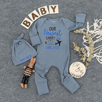 Our Newest Carry-On Tee & Custom Baby Bodysuit and Hat Set, Airplane Heart Design, June 2025 Newborn Outfit, Baby Name Gift