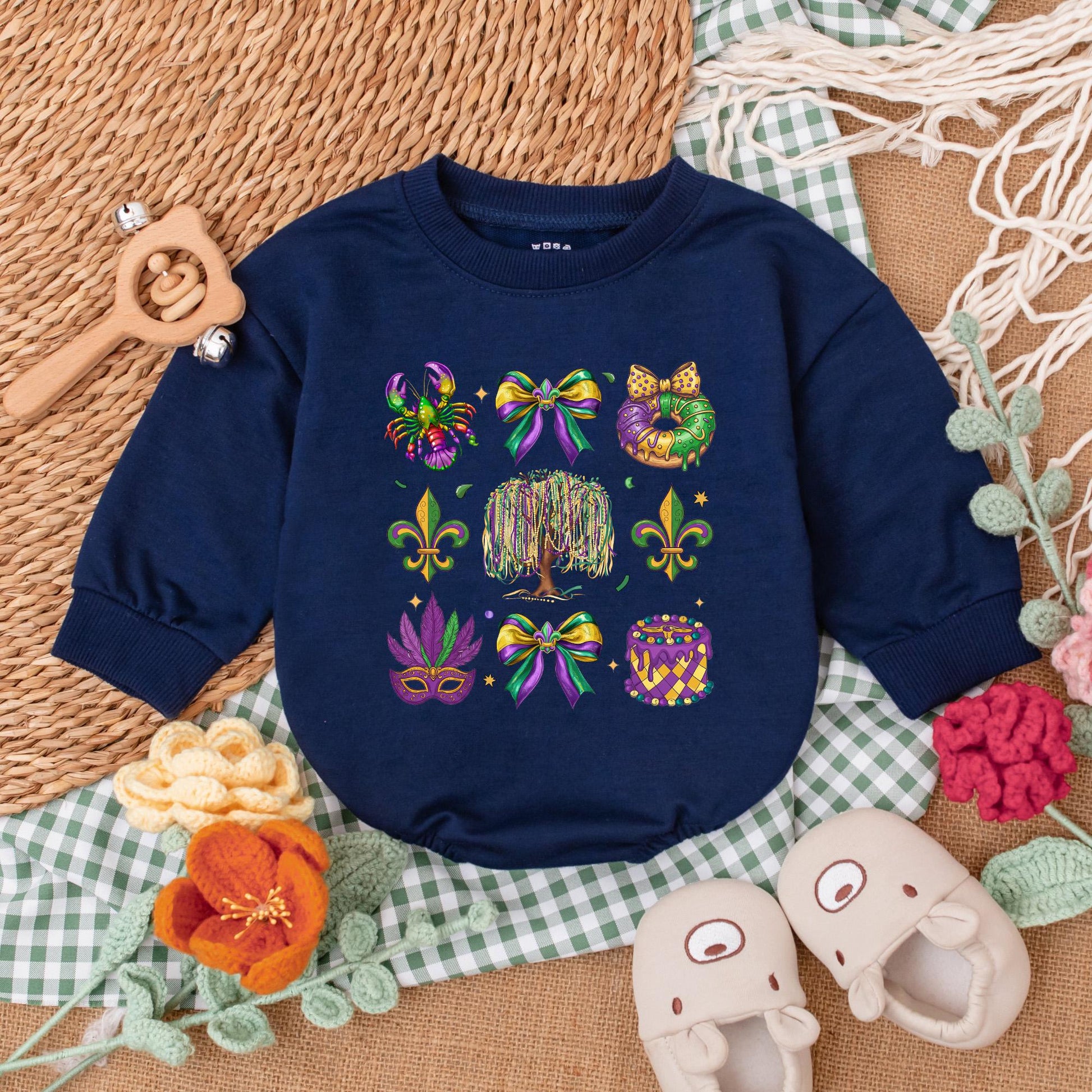 Cute Mardi Gras Baby Romper with Colorful Louisiana Icons, Weeping Willow & Beads, Purple Green Gold Festive Baby Outfit Bodysuit Gift