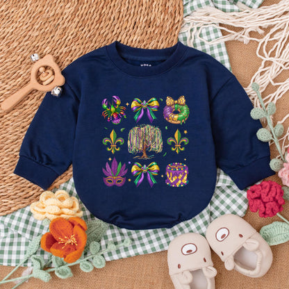 Cute Mardi Gras Baby Romper with Colorful Louisiana Icons, Weeping Willow & Beads, Purple Green Gold Festive Baby Outfit Bodysuit Gift