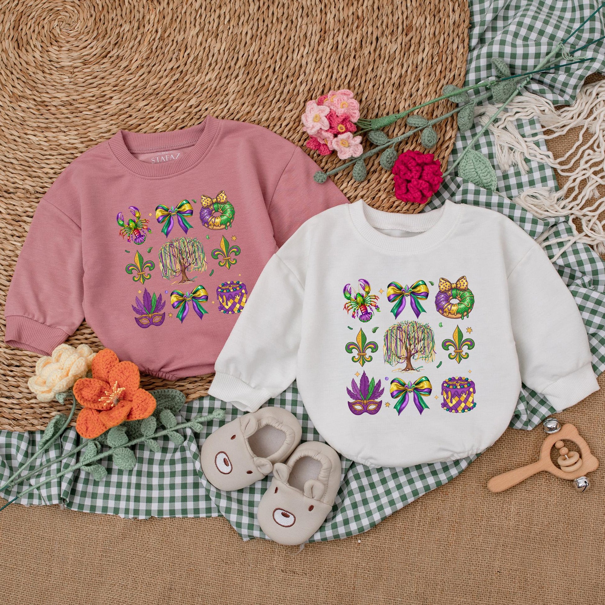 Cute Mardi Gras Baby Romper with Colorful Louisiana Icons, Weeping Willow & Beads, Purple Green Gold Festive Baby Outfit Bodysuit Gift