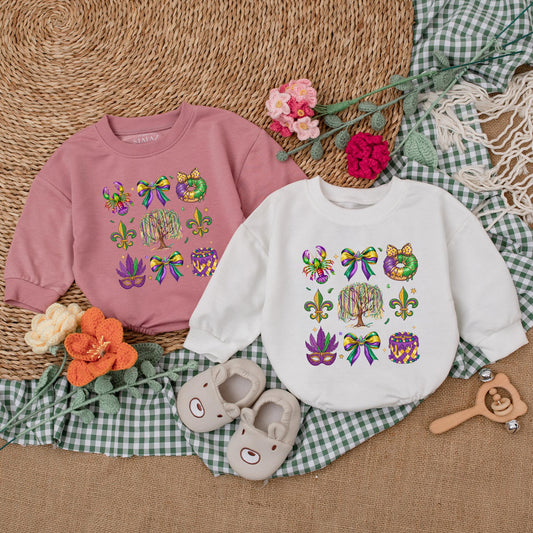 Cute Mardi Gras Baby Romper with Colorful Louisiana Icons, Weeping Willow & Beads, Purple Green Gold Festive Baby Outfit Bodysuit Gift