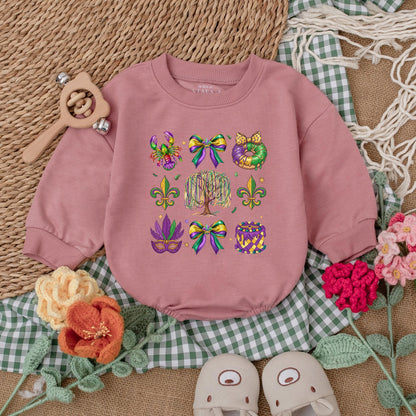 Cute Mardi Gras Baby Romper with Colorful Louisiana Icons, Weeping Willow & Beads, Purple Green Gold Festive Baby Outfit Bodysuit Gift