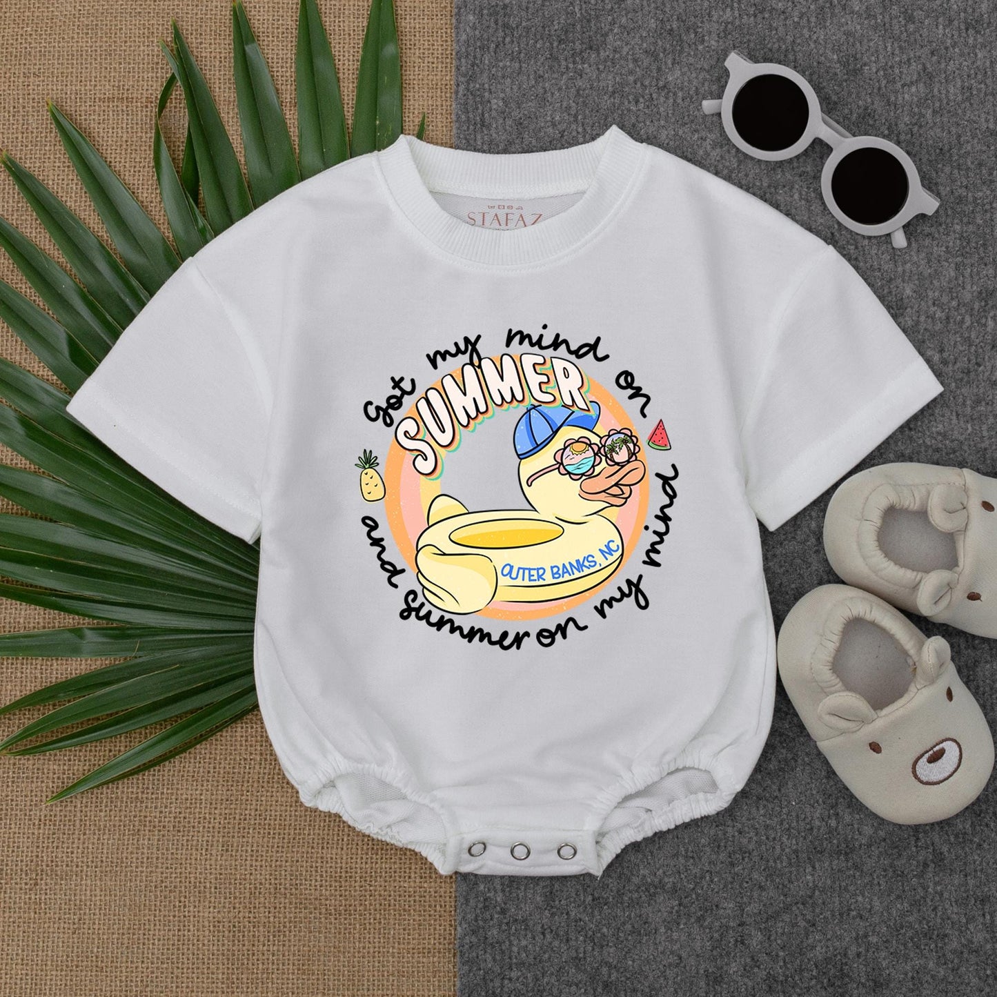 Custom My First Beach Vacation Baby Romper Short Sleeve Bodysuit for Newborns, a perfect summer beach baby outfit and personalized 1st trip gift