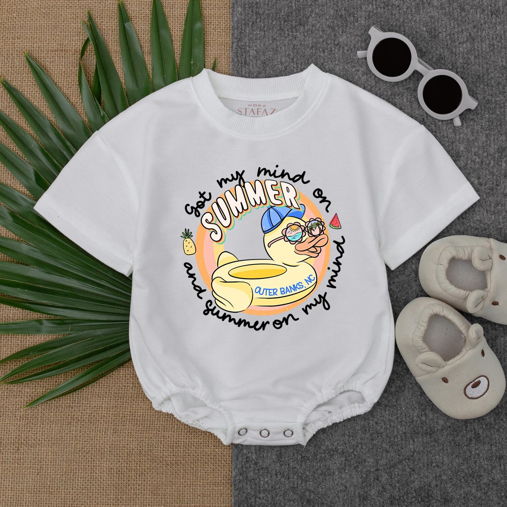 Custom My First Beach Vacation Baby Romper Short Sleeve Bodysuit for Newborns, a perfect summer beach baby outfit and personalized 1st trip gift