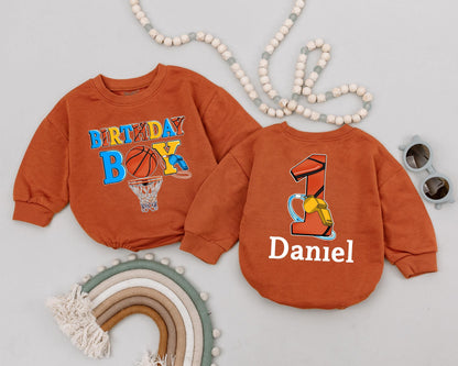 Custom Basketball Birthday Romper for Baby Boy Personalized First Birthday Outfit Game Day Sports Theme Bodysuit