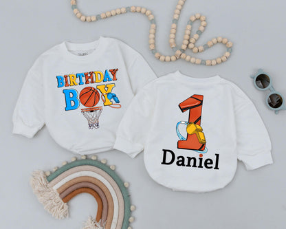 Custom Basketball Birthday Romper for Baby Boy Personalized First Birthday Outfit Game Day Sports Theme Bodysuit