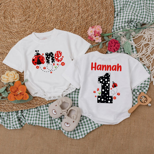 Personalized Ladybug First Birthday Romper | One Ladybug Baby Bodysuit | Girl's 1st Birthday Outfit | Baby Shower Gift (140 chars)