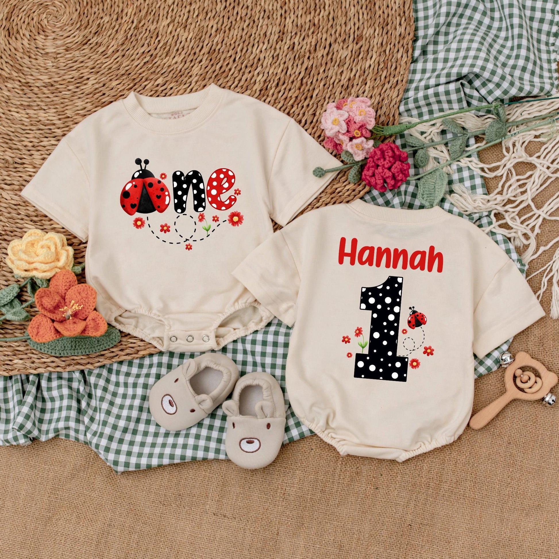 Personalized Ladybug First Birthday Romper | One Ladybug Baby Bodysuit | Girl's 1st Birthday Outfit | Baby Shower Gift (140 chars)