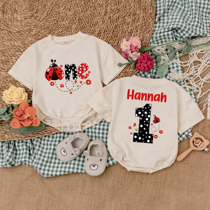 Personalized Ladybug First Birthday Romper | One Ladybug Baby Bodysuit | Girl's 1st Birthday Outfit | Baby Shower Gift (140 chars)