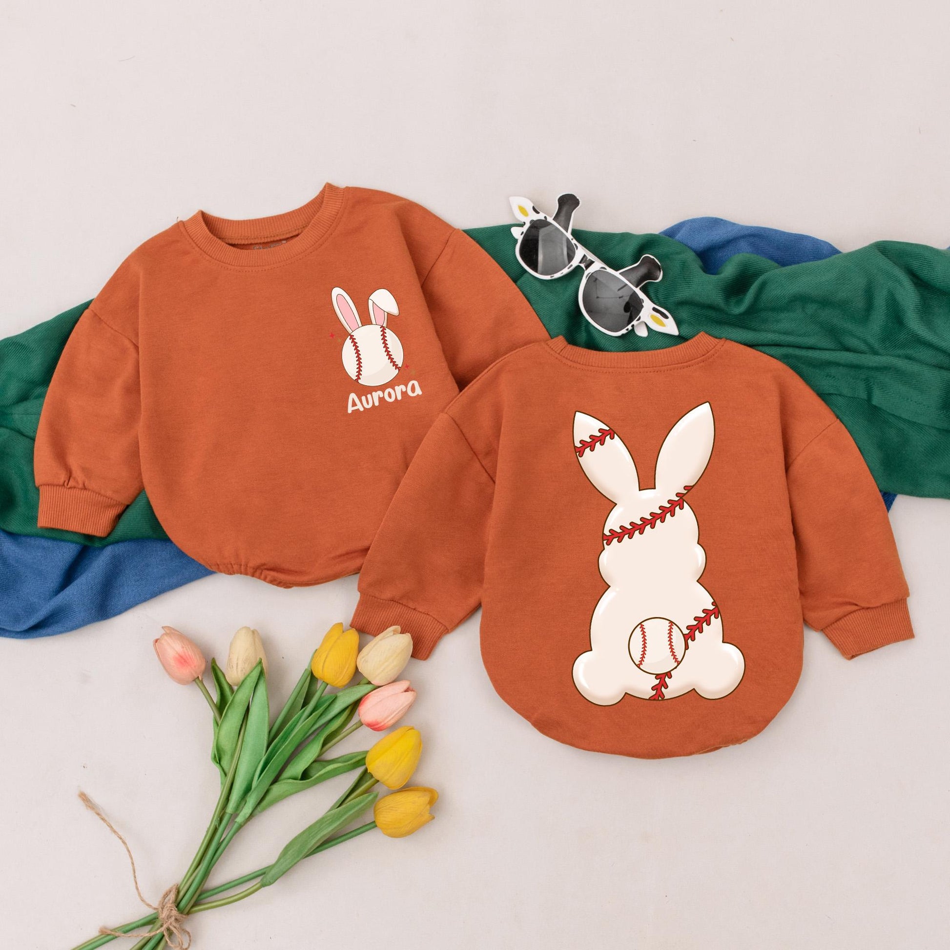 Personalized Easter Bunny Baseball Romper | 1st Easter Outfit for Baby Girl, Retro Game Day Gameday Season Gift | Custom Name Baseball Bubble Romper