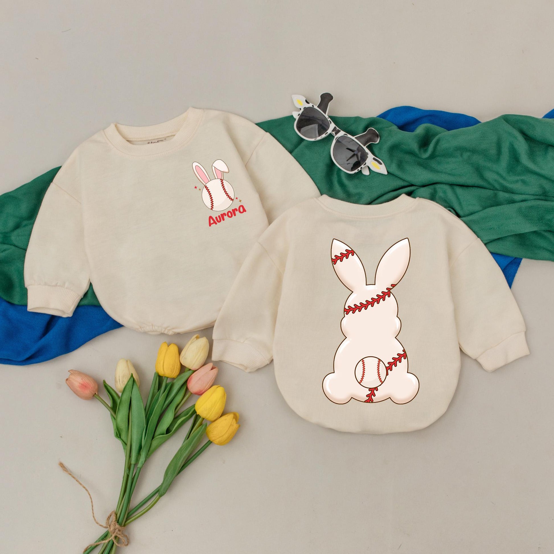 Personalized Easter Bunny Baseball Romper | 1st Easter Outfit for Baby Girl, Retro Game Day Gameday Season Gift | Custom Name Baseball Bubble Romper
