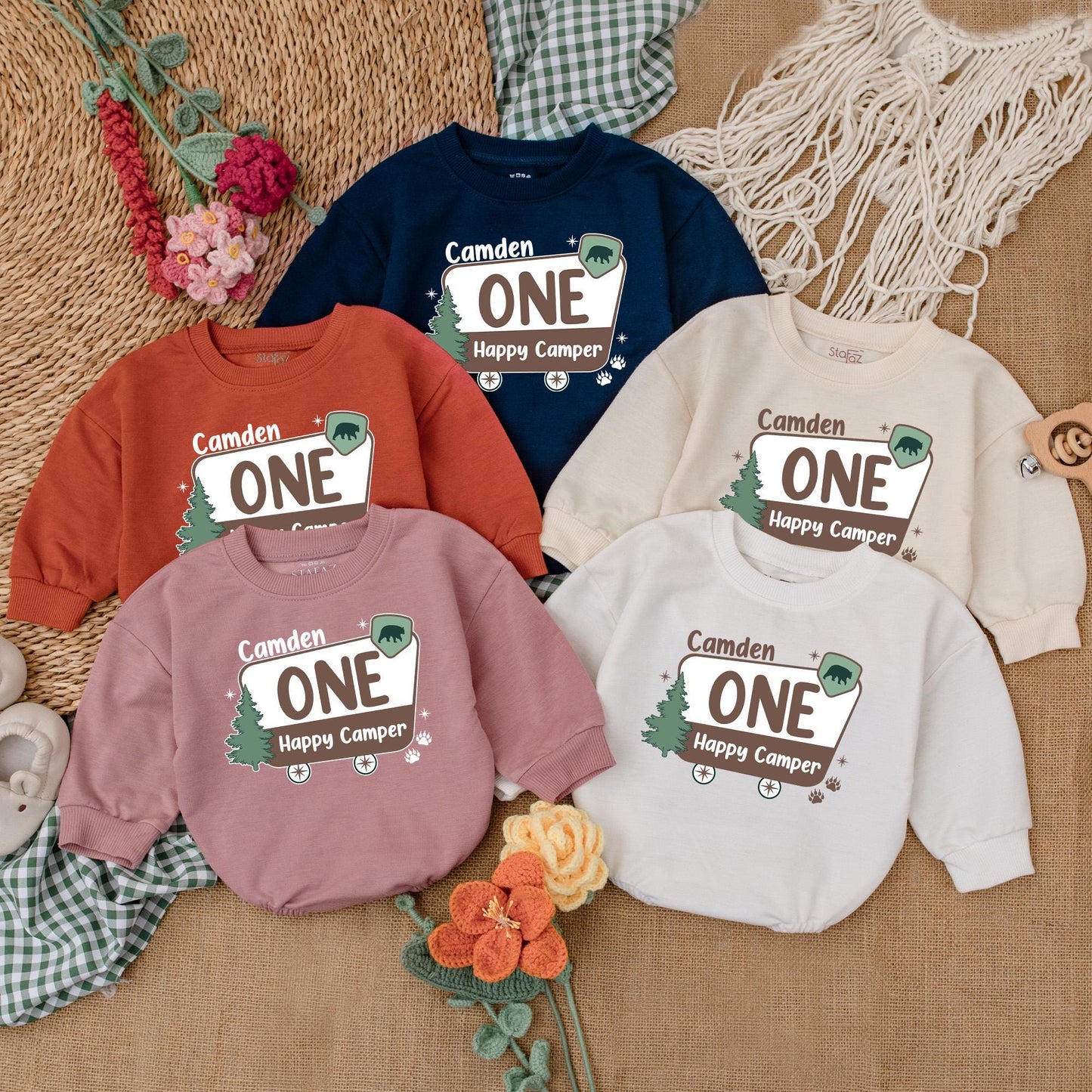 Personalized One Happy Camper Romper Camping First Birthday Outfit for Boys Adventure Baby Clothes
