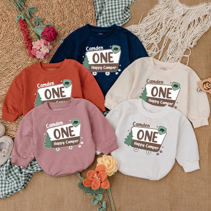 Personalized One Happy Camper Romper Camping First Birthday Outfit for Boys Adventure Baby Clothes