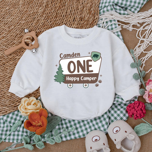 Personalized One Happy Camper Romper Camping First Birthday Outfit for Boys Adventure Baby Clothes