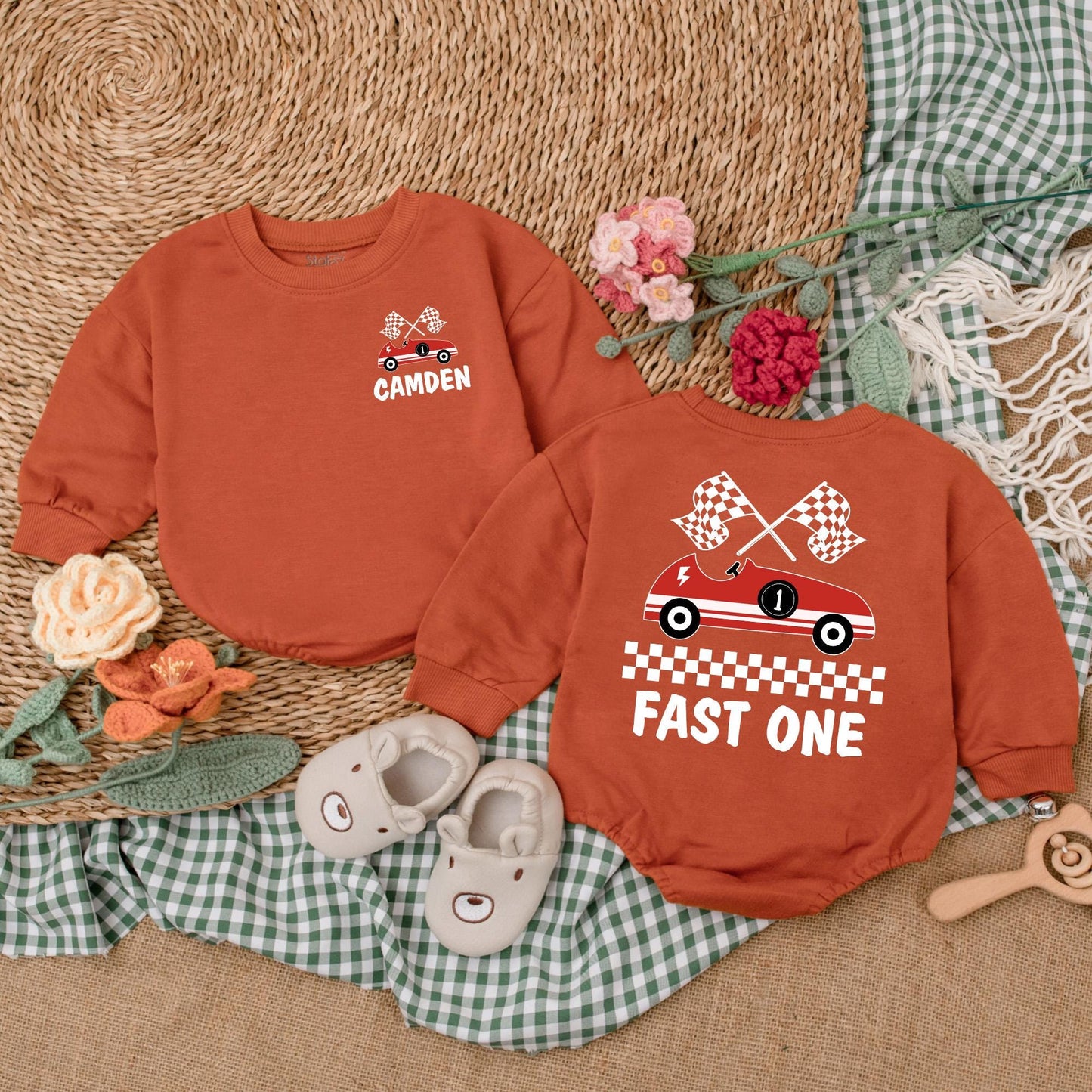 Fast One Birthday Romper Boys Racecar Theme Bubble Bodysuit First Birthday Outfit Custom Name Welcome to the 1 Year Old Club