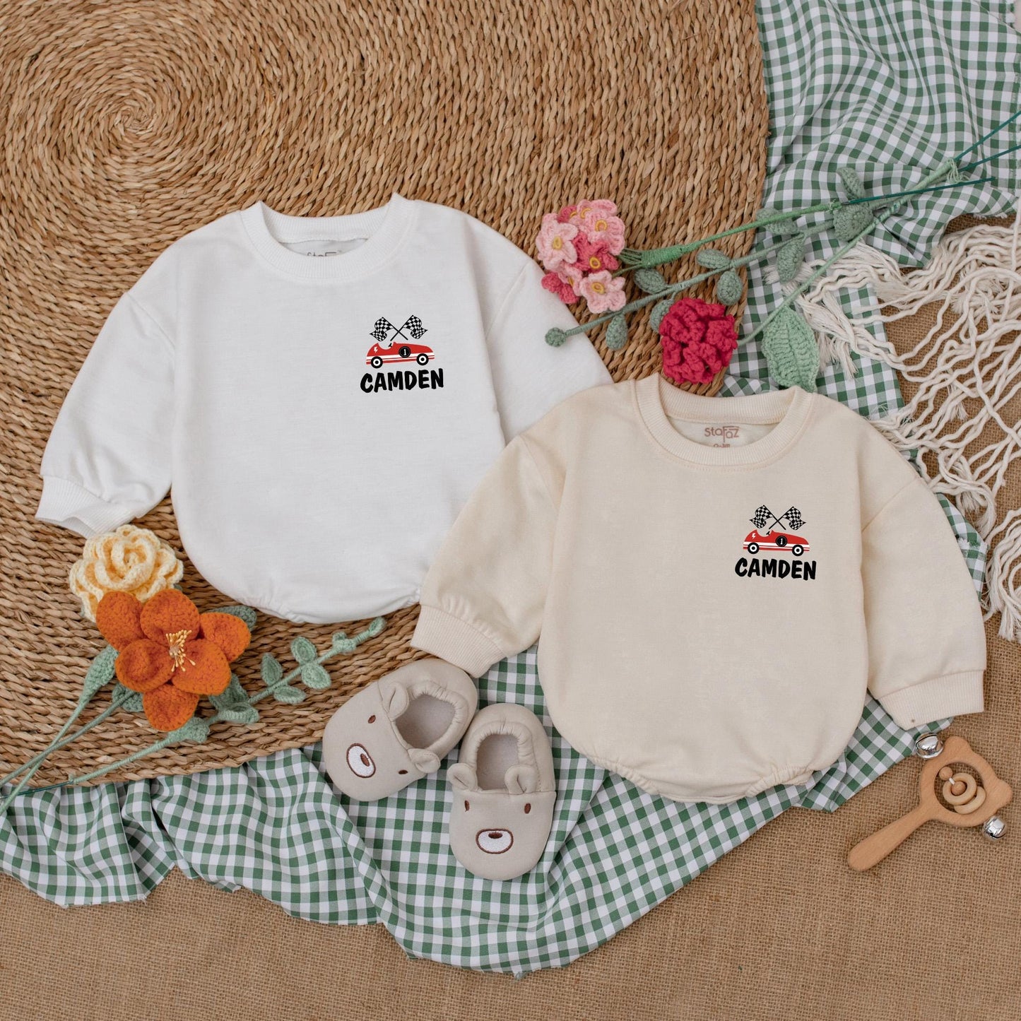 Fast One Birthday Romper Boys Racecar Theme Bubble Bodysuit First Birthday Outfit Custom Name Welcome to the 1 Year Old Club