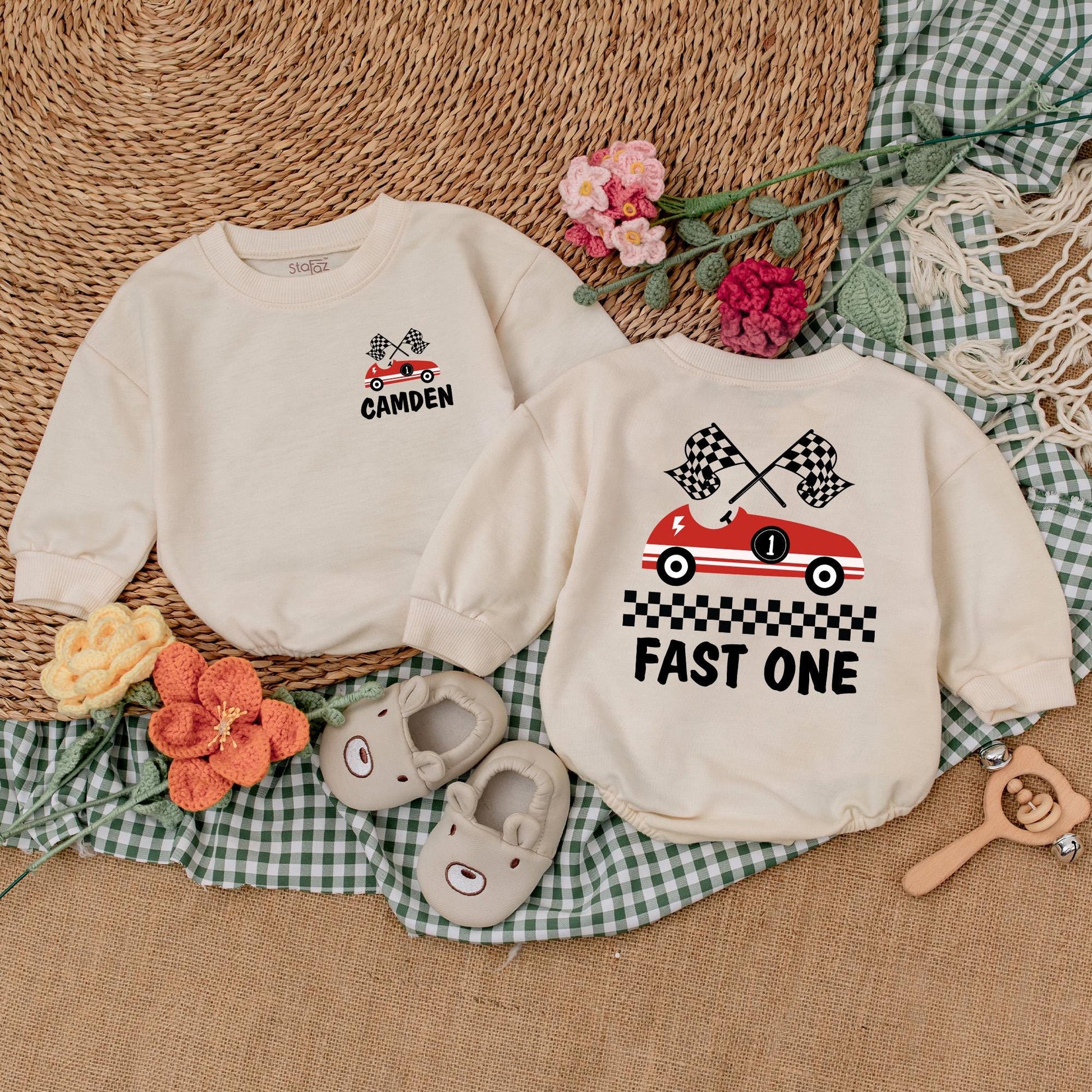 Fast One Birthday Romper Boys Racecar Theme Bubble Bodysuit First Birthday Outfit Custom Name Welcome to the 1 Year Old Club