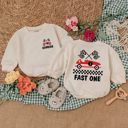 Fast One Birthday Romper Boys Racecar Theme Bubble Bodysuit First Birthday Outfit Custom Name Welcome to the 1 Year Old Club