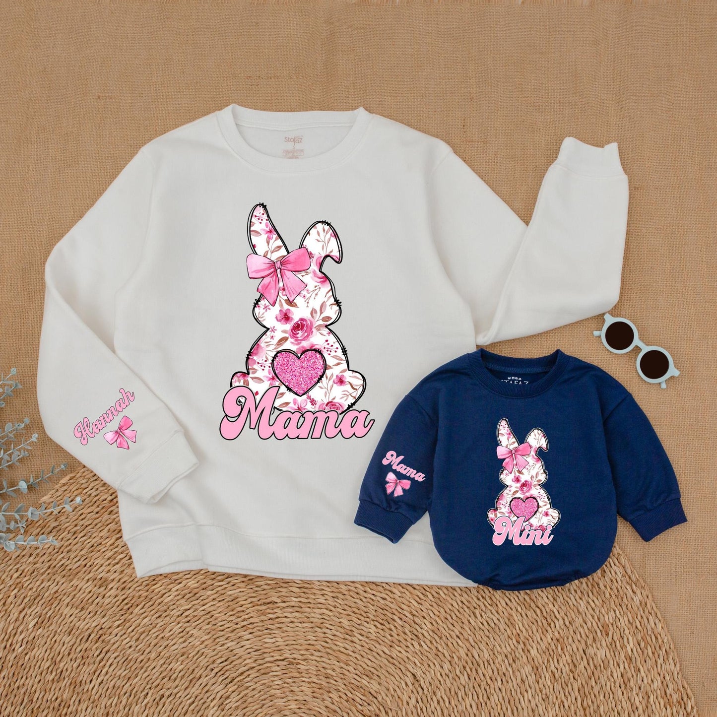 Personalized Pink Flower Easter Mama and Mini Sweatshirt Cozy Mommy and Me Easter Outfit Family Matching Gift