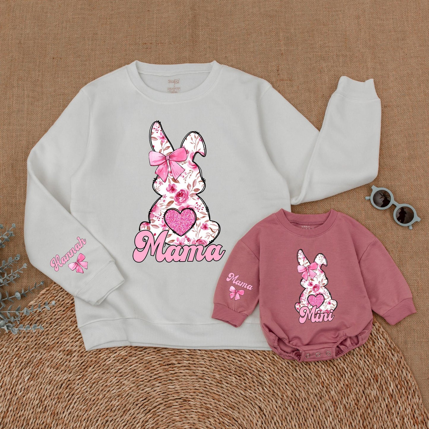 Personalized Pink Flower Easter Mama and Mini Sweatshirt Cozy Mommy and Me Easter Outfit Family Matching Gift