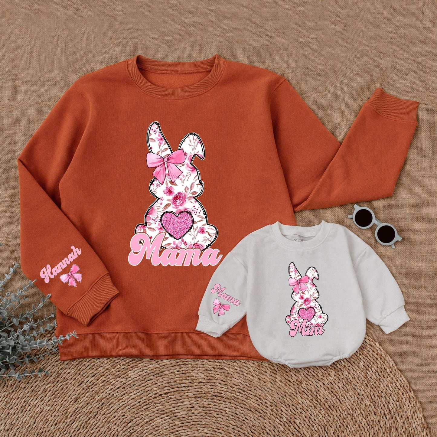 Personalized Pink Flower Easter Mama and Mini Sweatshirt Cozy Mommy and Me Easter Outfit Family Matching Gift