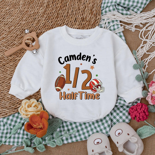 Custom Half Birthday Football Romper for Baby Boy ½ Celebration Outfit 6 Months Football Fan Gear 
