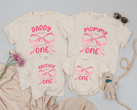 Pink Bow Sweet One First Birthday Family Matching Shirt Mommy Daddy Brother Outfit