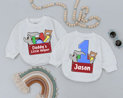 Personalized Daddy's Little Helper Baby Romper with Name First Birthday Father's Day Bodysuit Newborn Daddy's Boy Construction Outfit