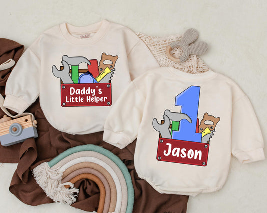 Personalized Daddy's Little Helper Baby Romper with Name First Birthday Father's Day Bodysuit Newborn Daddy's Boy Construction Outfit