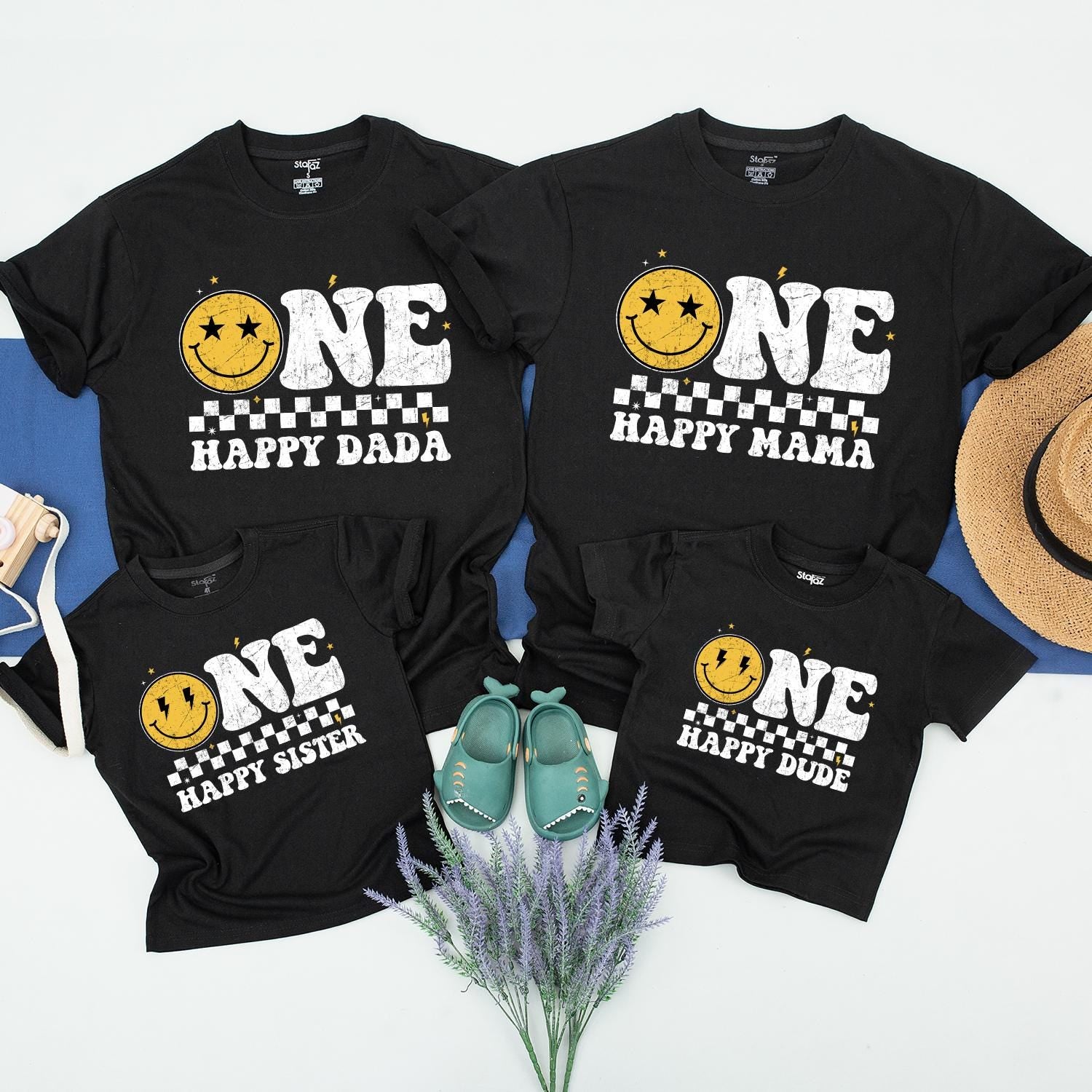 One Happy Dude 1st Birthday Family Matching Shirts Cute Smiley Face Design for Boys & Girls Toddler Baby Celebration Outfit