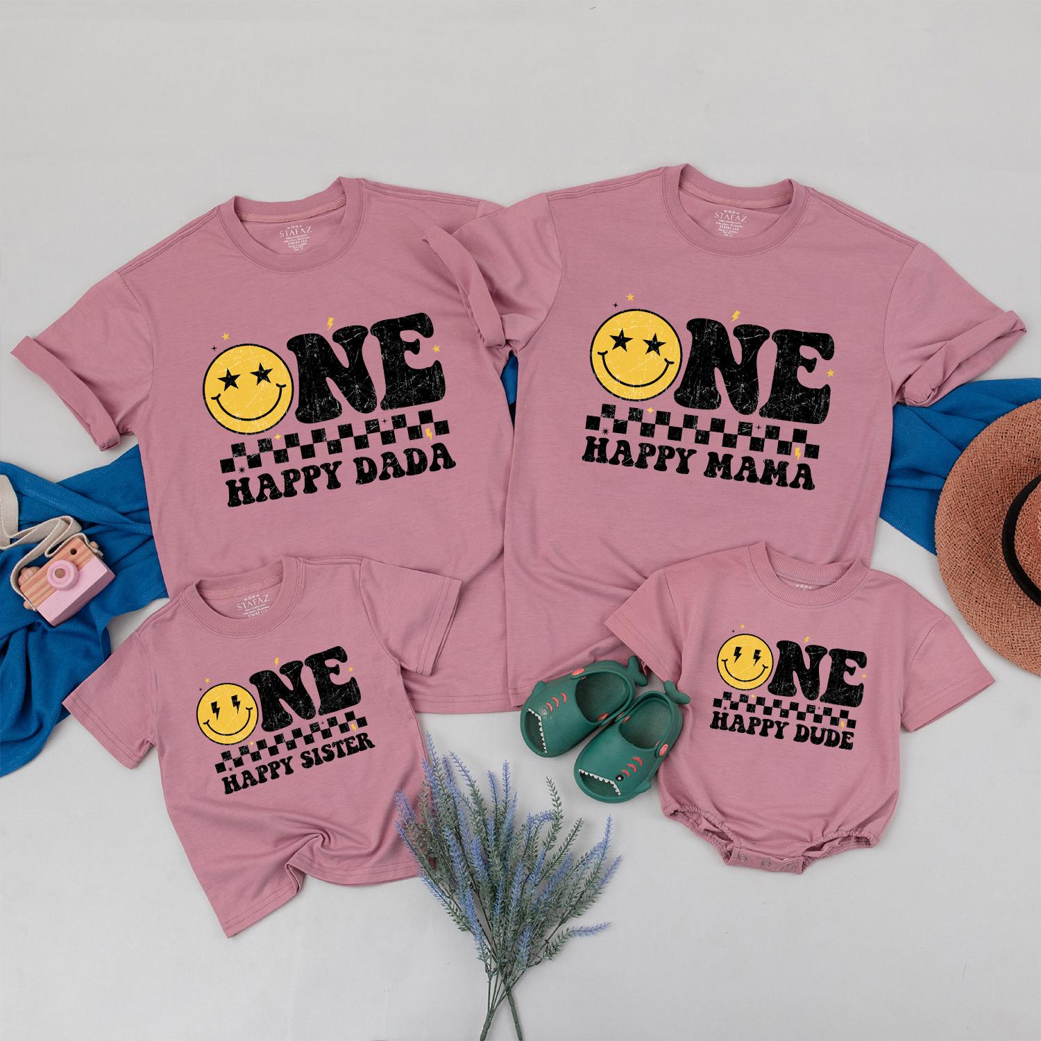 One Happy Dude 1st Birthday Family Matching Shirts Cute Smiley Face Design for Boys & Girls Toddler Baby Celebration Outfit