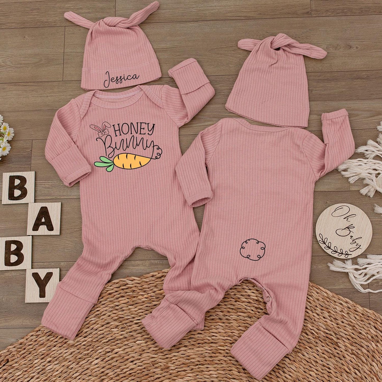 Custom Honey Bunny Bodysuit & Hat Set Jessica Rabbit Carrot Design Baby Shower Easter Newborn Outfit Gift