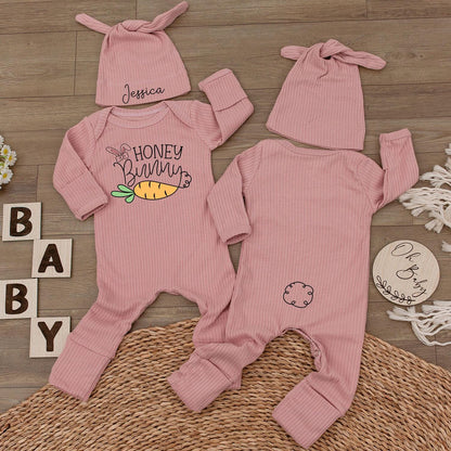 Custom Honey Bunny Bodysuit & Hat Set Jessica Rabbit Carrot Design Baby Shower Easter Newborn Outfit Gift