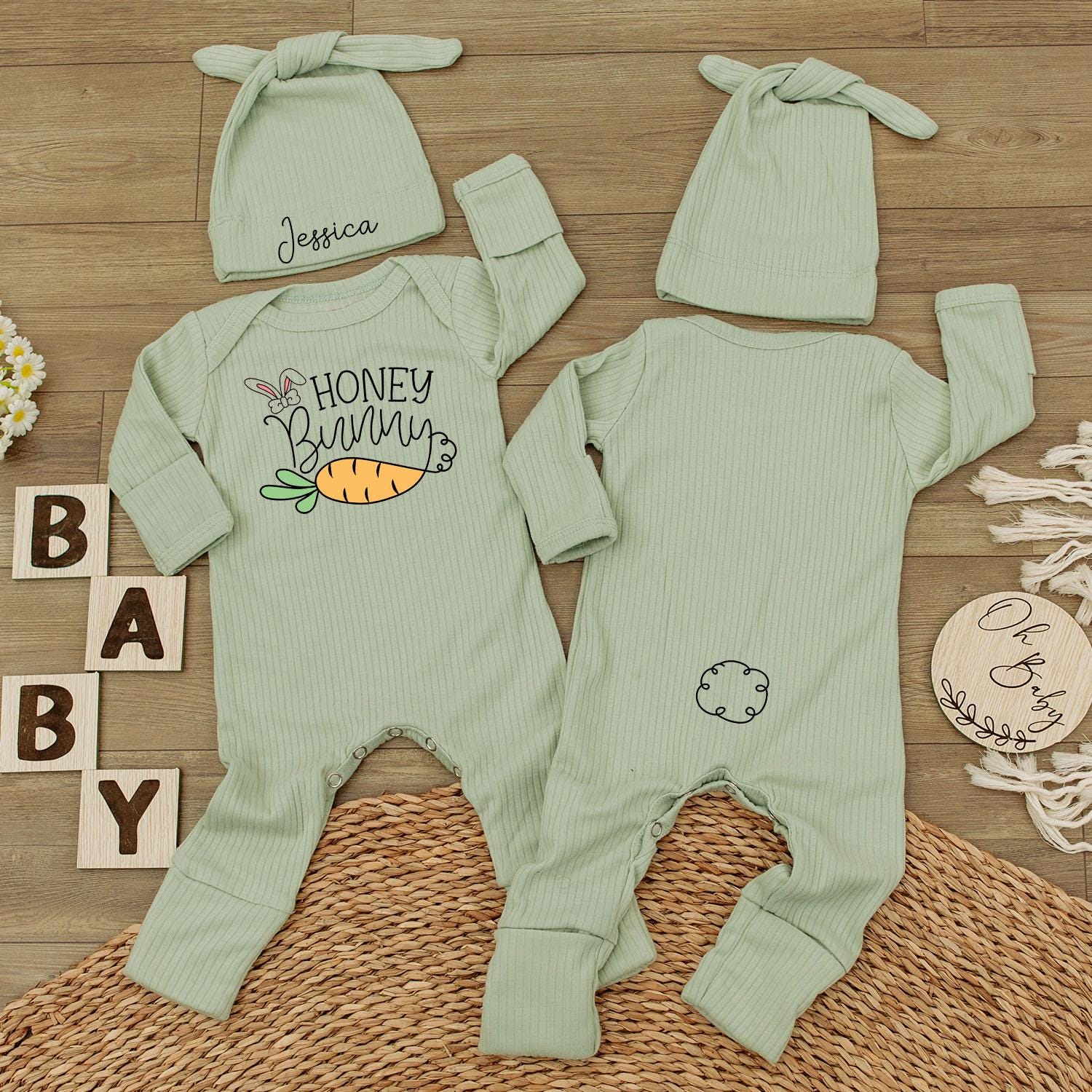 Custom Honey Bunny Bodysuit & Hat Set Jessica Rabbit Carrot Design Baby Shower Easter Newborn Outfit Gift