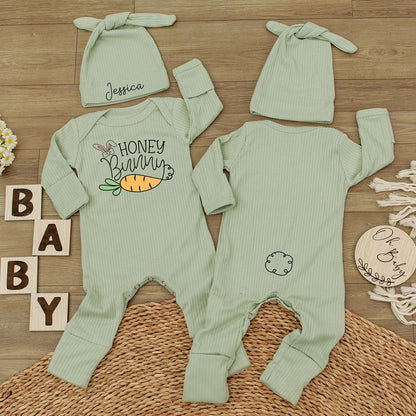 Custom Honey Bunny Bodysuit & Hat Set Jessica Rabbit Carrot Design Baby Shower Easter Newborn Outfit Gift