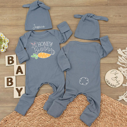 Custom Honey Bunny Bodysuit & Hat Set Jessica Rabbit Carrot Design Baby Shower Easter Newborn Outfit Gift