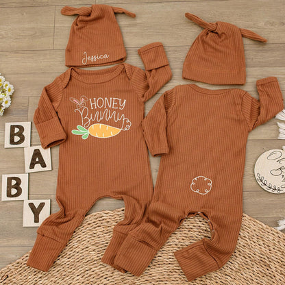 Custom Honey Bunny Bodysuit & Hat Set Jessica Rabbit Carrot Design Baby Shower Easter Newborn Outfit Gift